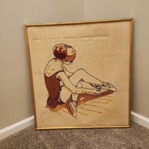 Vintage 1976 Ballerina Portrait Handmade Needlework Embroidered Textile Wall Art